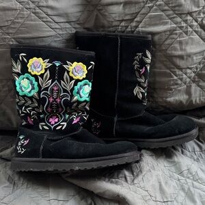 UGG Black Ankle Boots with Vibrant Embroidery